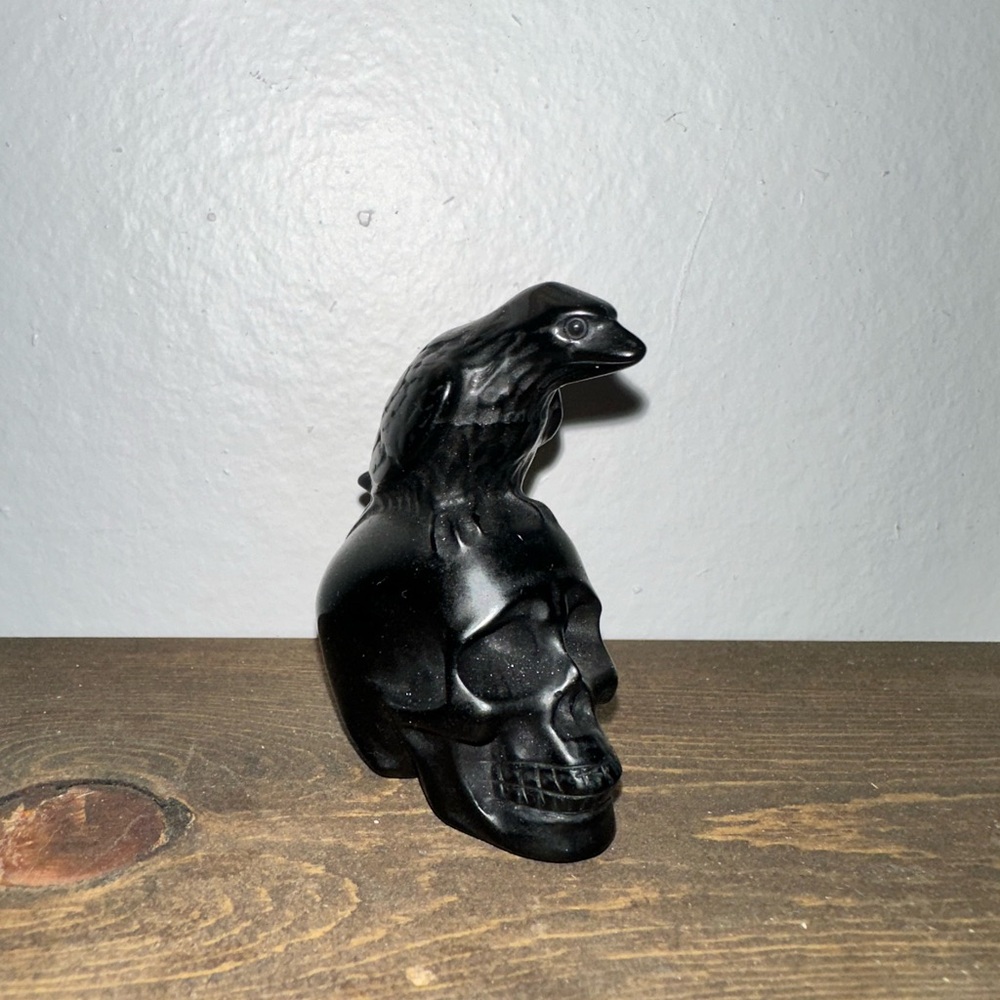 Black Obsidian Skull with Raven Figurine